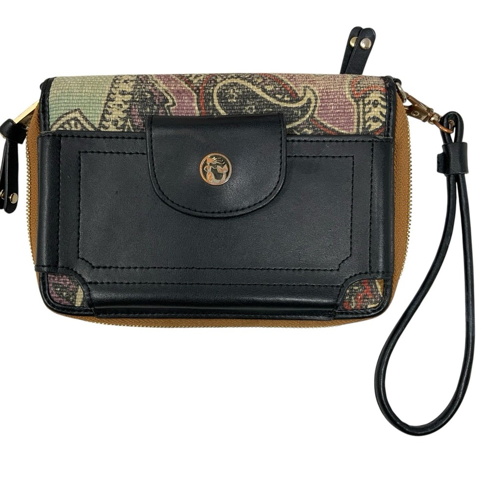 Spartina 449 Wristlet Wallet Linen Leather Paisley Black Blue Organize Cards